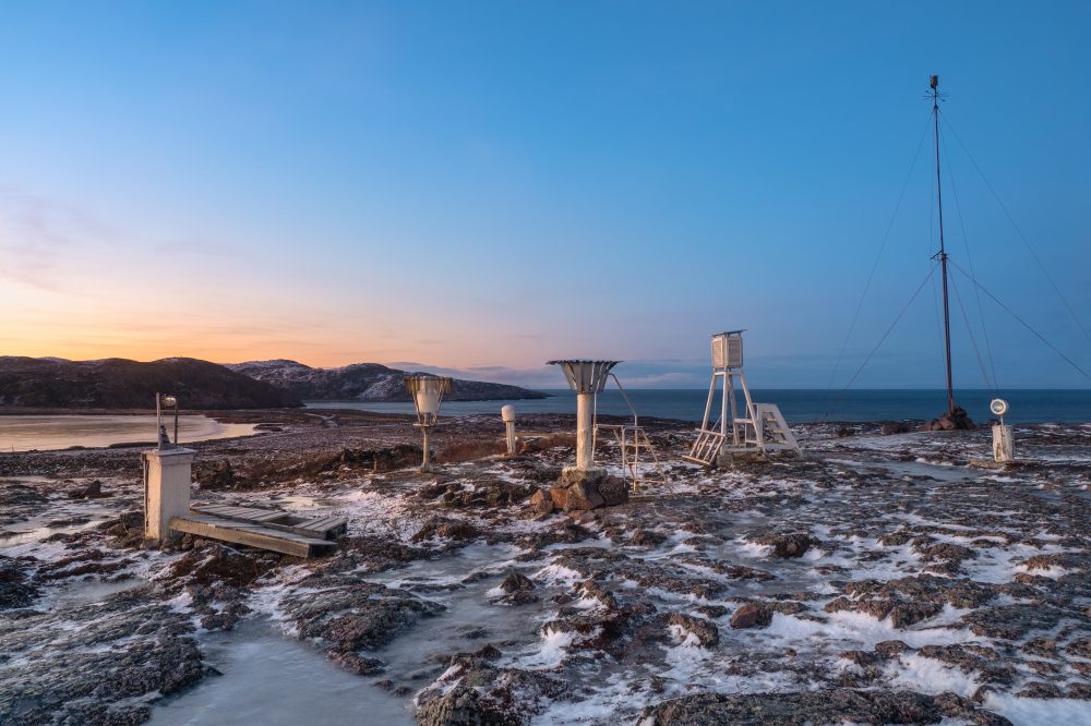 Polar weather station on a hilltop on the shore of the Barents Sea, Kola Peninsula, Russia